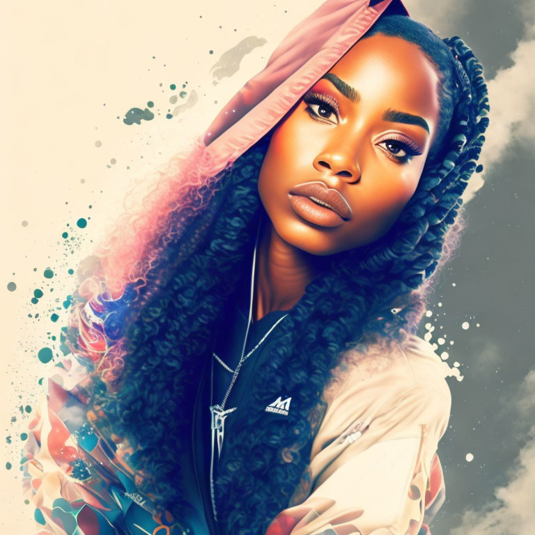 Digital portrait of woman with curly hair and striking makeup in hooded jacket