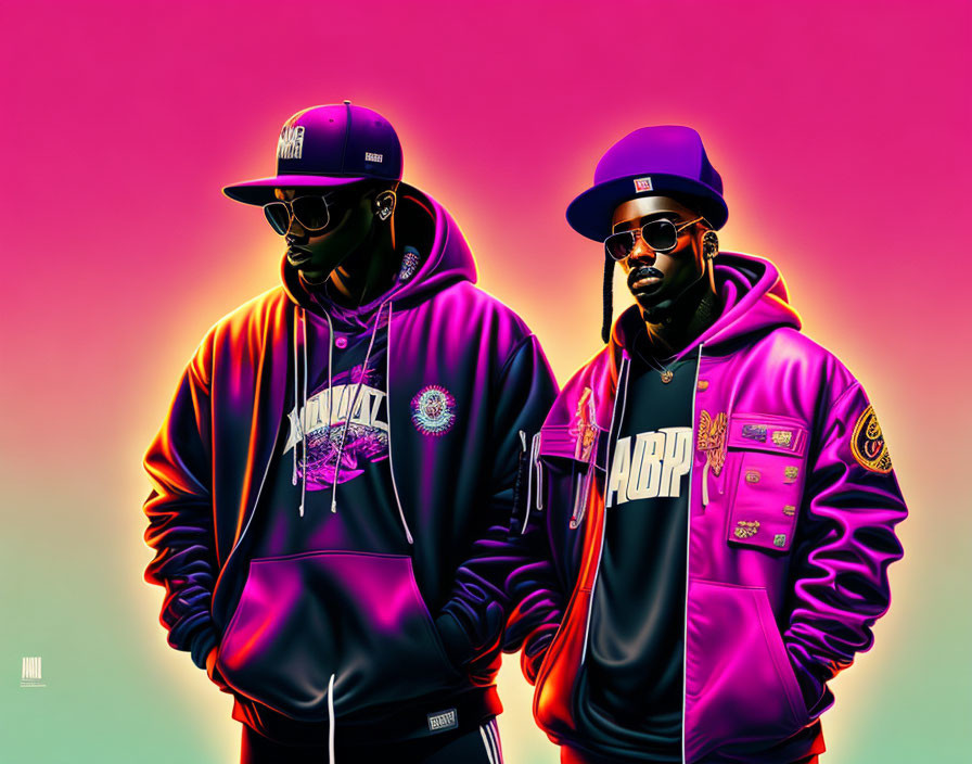 Stylized figures in vibrant streetwear with caps and sunglasses on gradient background