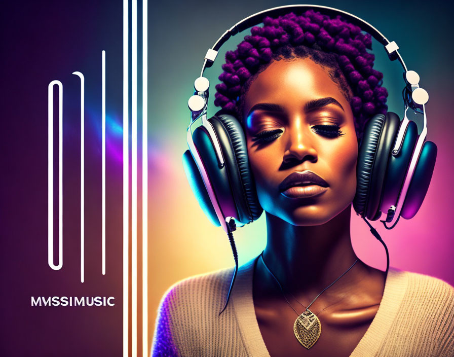 Stylized portrait of woman with closed eyes, headphones, neon lights, and "MUSIC