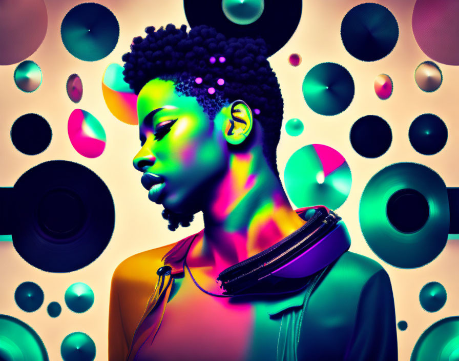 Colorful Stylized Portrait with Circular Patterns and Headphones