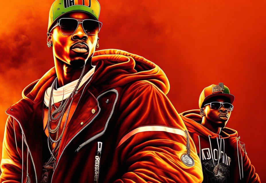 Stylized men in hip-hop attire with chains and sunglasses on fiery orange background