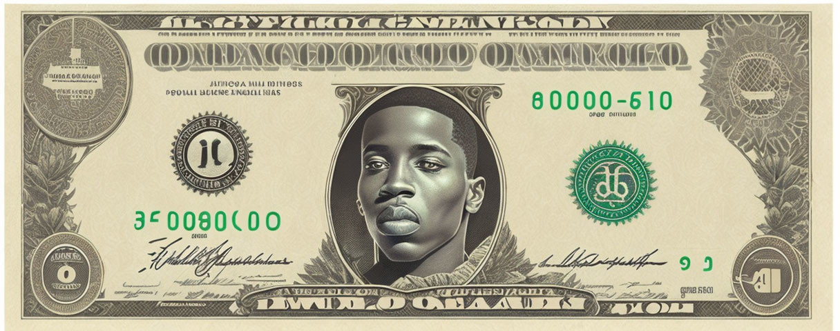 Detailed graphic representation of US ten-dollar bill with male portrait in center