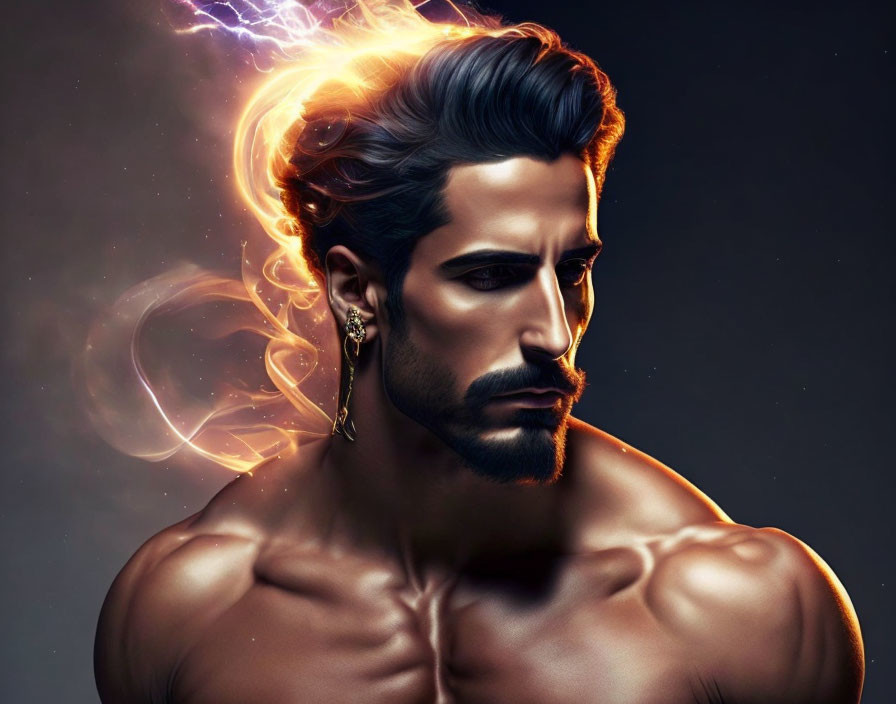 Illustration of man with beard and striking hairstyle in dynamic light effects