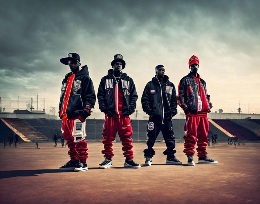 Four individuals in hip-hop attire posing on outdoor sports field under cloudy sky