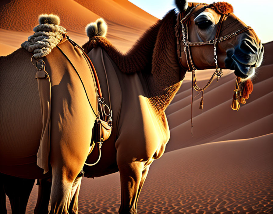 Decorated camel with harness in front of sand dunes and clear sky