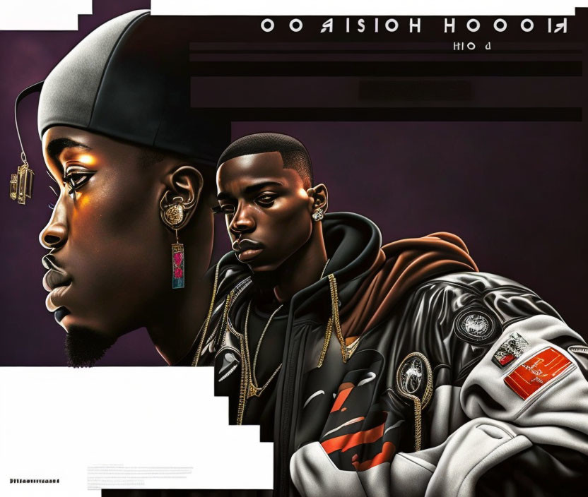 Digital artwork featuring two African American men in leather jackets and stylish accessories