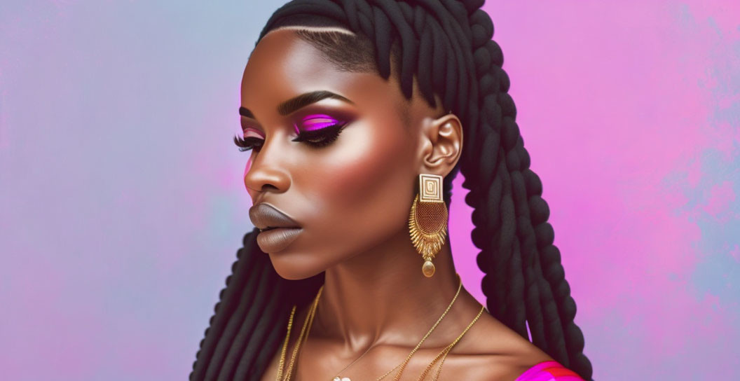 Digital illustration of woman with dark skin, bold makeup, braided hair, gold jewelry, pink and