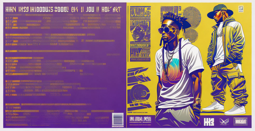 Illustrated hip-hop poster with two male figures, boombox, vibrant colors & text.