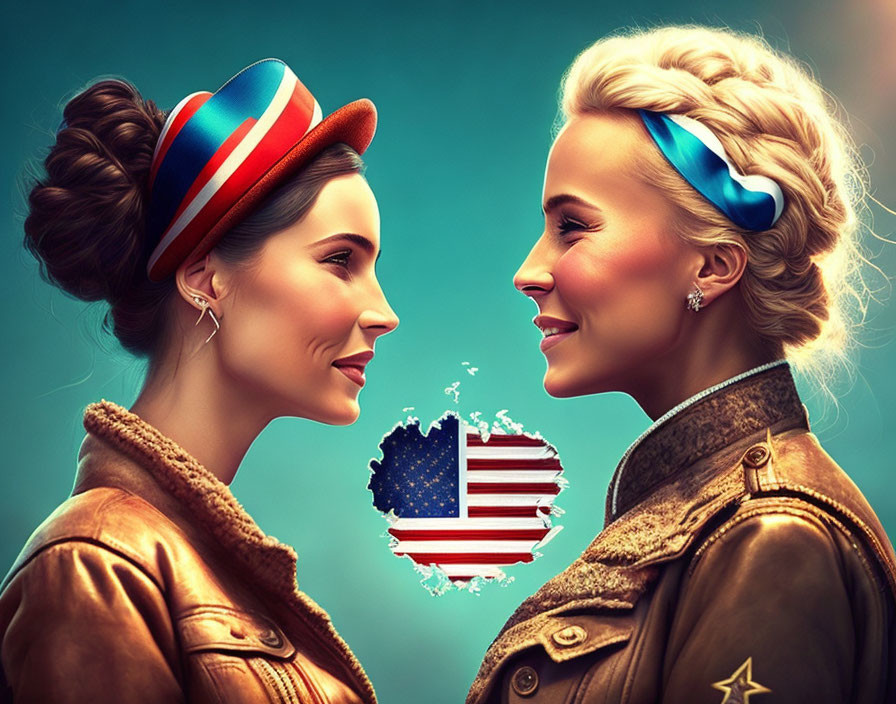 Vintage military-inspired women with American flag accessories and heart-shaped flag.
