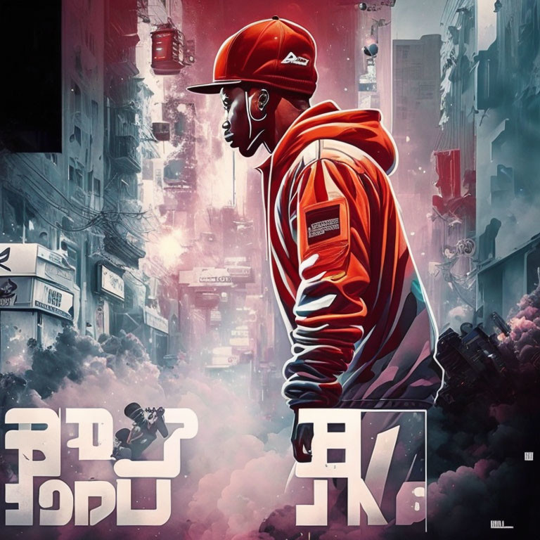 Profile of a person in red cap and hoodie against cyberpunk cityscape.