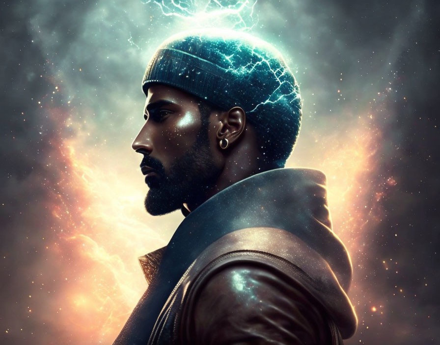 Bearded man in beanie hat against cosmic backdrop with stars and lightning