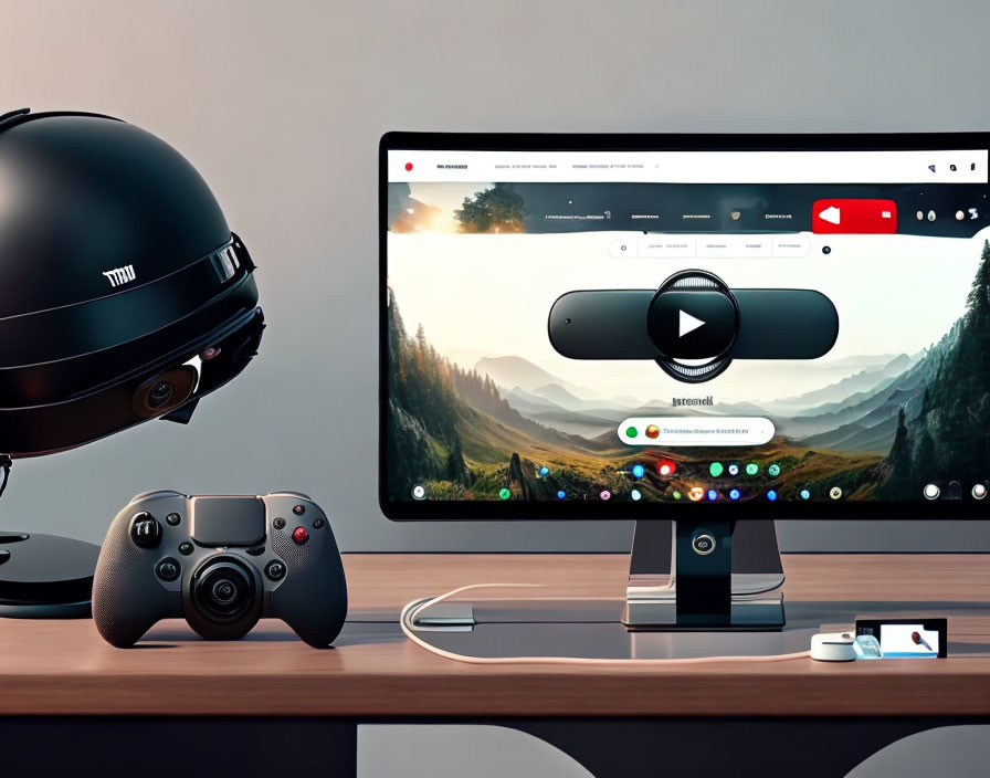Contemporary workspace with YouTube video on monitor, gaming controller, smartphone, and motorcycle helmet