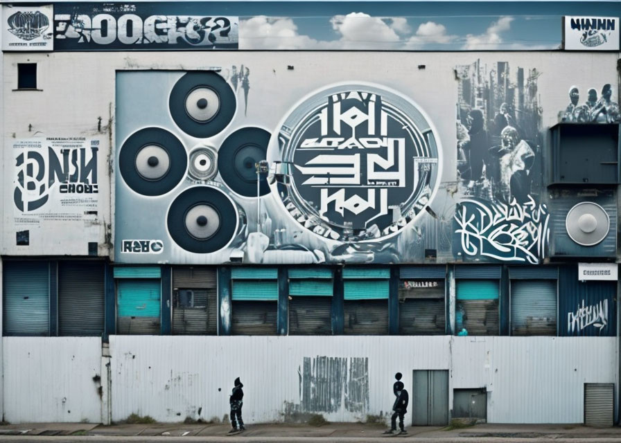 Urban building wall graffiti with speakers and people under cloudy sky