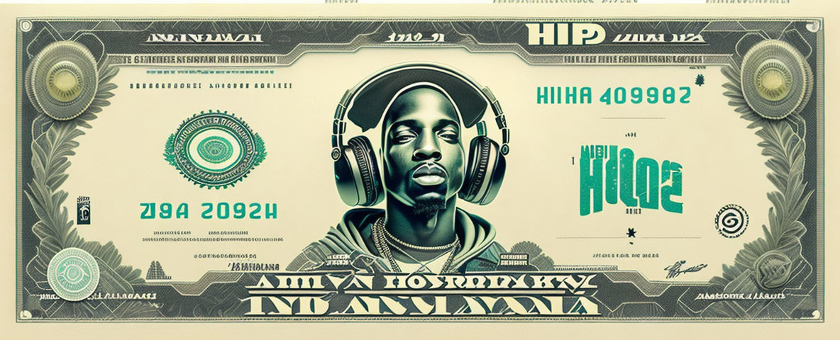 Stylized currency art: man with headphones and ornamental designs