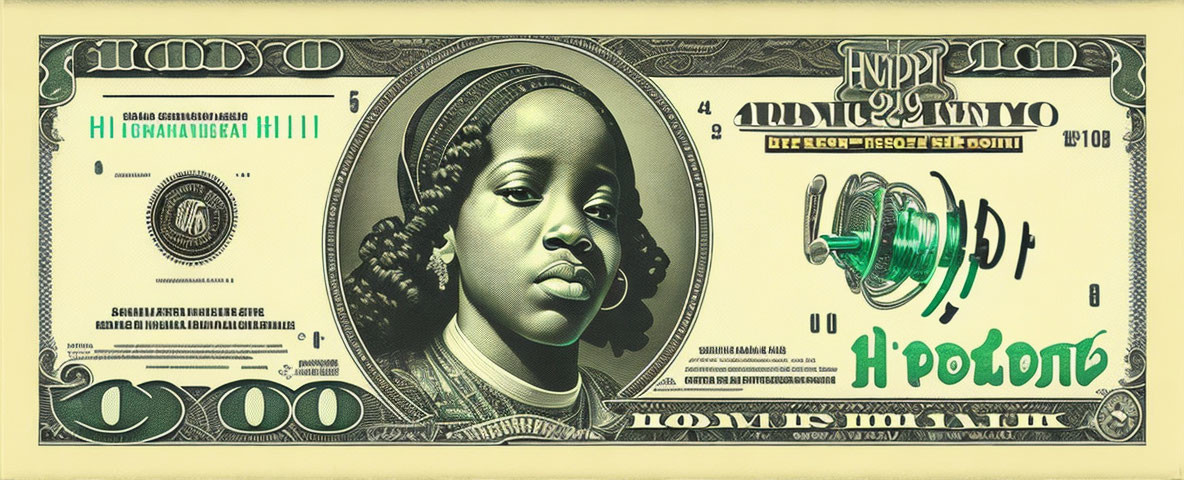 Child's face on US dollar bill with green and yellow tones & decorative text
