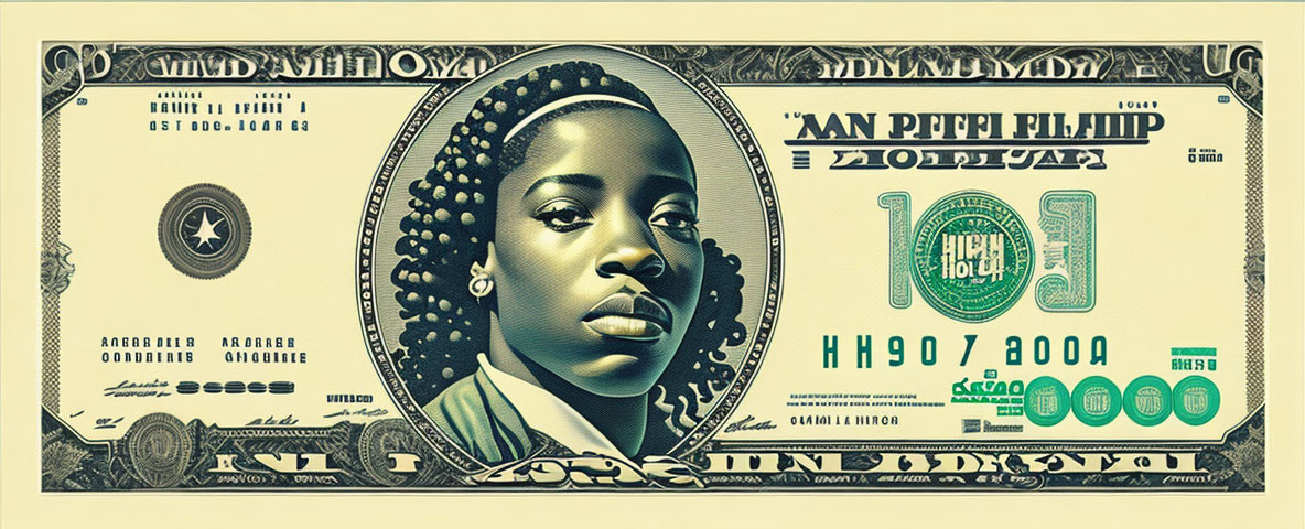 Stylized $10 bill with Black woman portrait and currency patterns