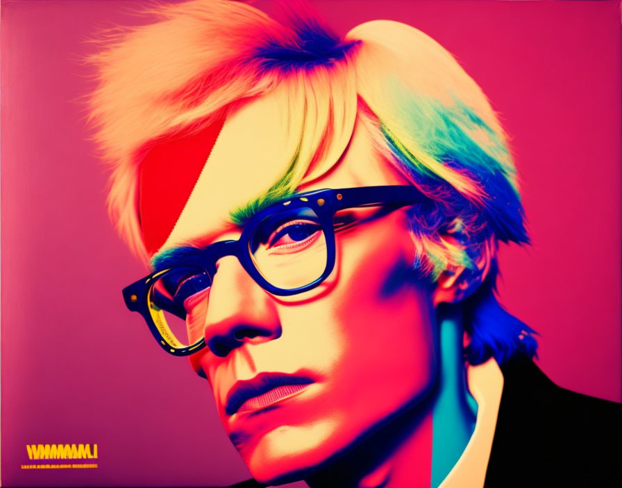 Colorful portrait of a person with glasses in contemplative mood on vibrant pink backdrop