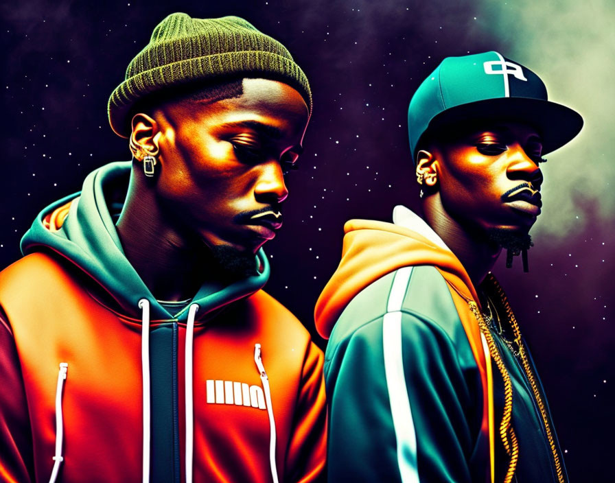 Two men in stylish hats and vibrant sportswear under a starry cosmic backdrop.