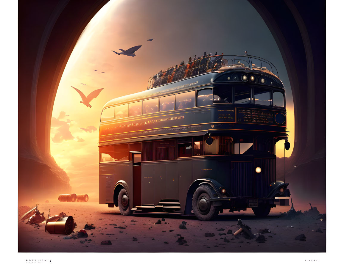 Double-decker bus under archway at sunset in post-apocalyptic setting