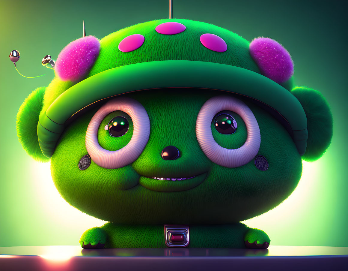 Colorful 3D illustration of a cute green character with a pink-spotted cap