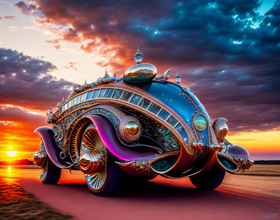 Ornate futuristic car with intricate patterns and domes at sunset