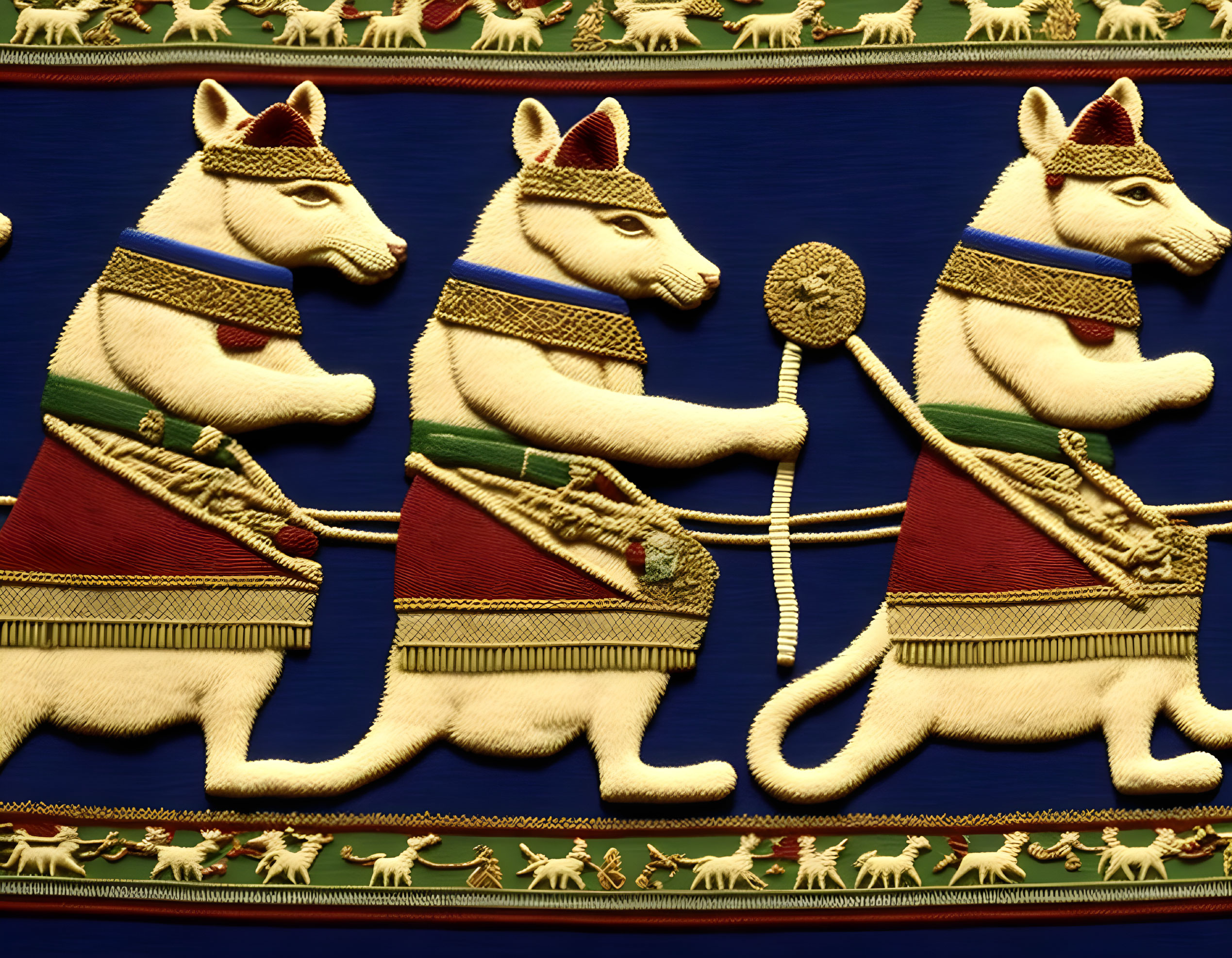 Stylized mice in ancient Egyptian attire on blue and gold background
