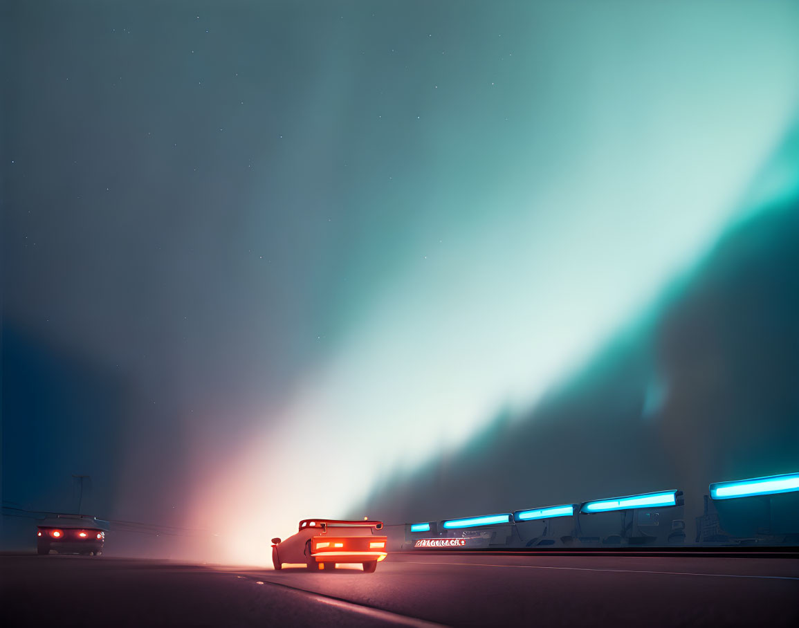 Two cars on foggy road at night under blue and orange lights