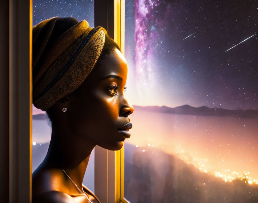 Profile of woman gazing at starry sky through window at twilight