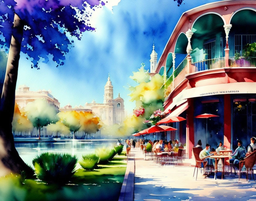 Scenic watercolor of a riverside cafe with historical architecture and lush greenery