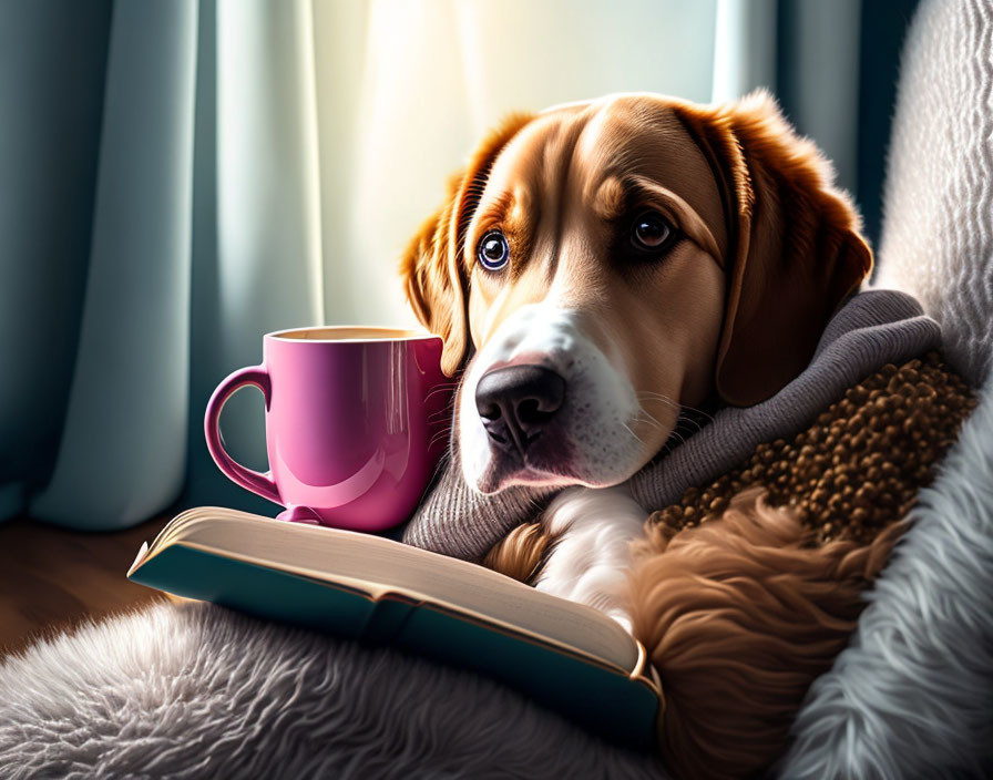 Dog in scarf beside pink mug and open book in sunny room