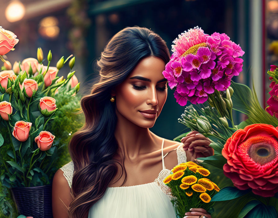 Woman in white dress surrounded by colorful flowers at vibrant shop