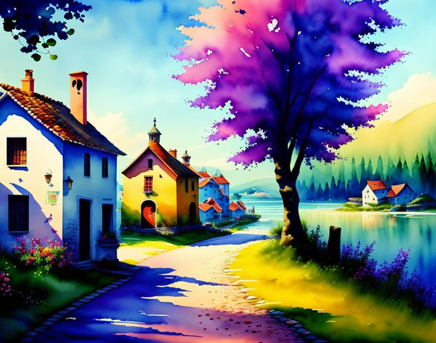 Colorful Painting of Quaint Village by Lake & Mountain