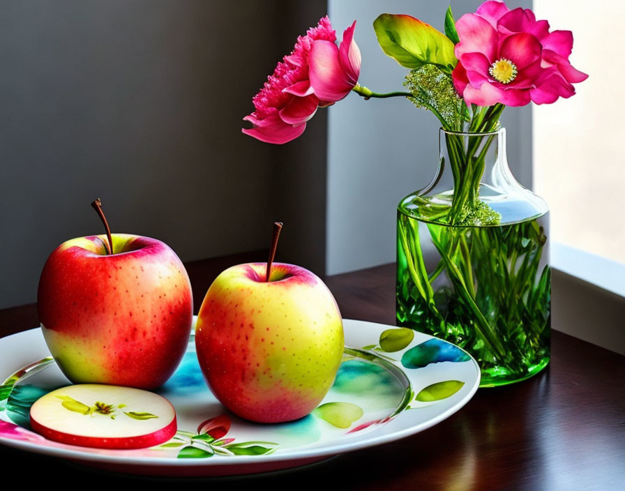 Apples and flowers on decorative plate on wooden surface