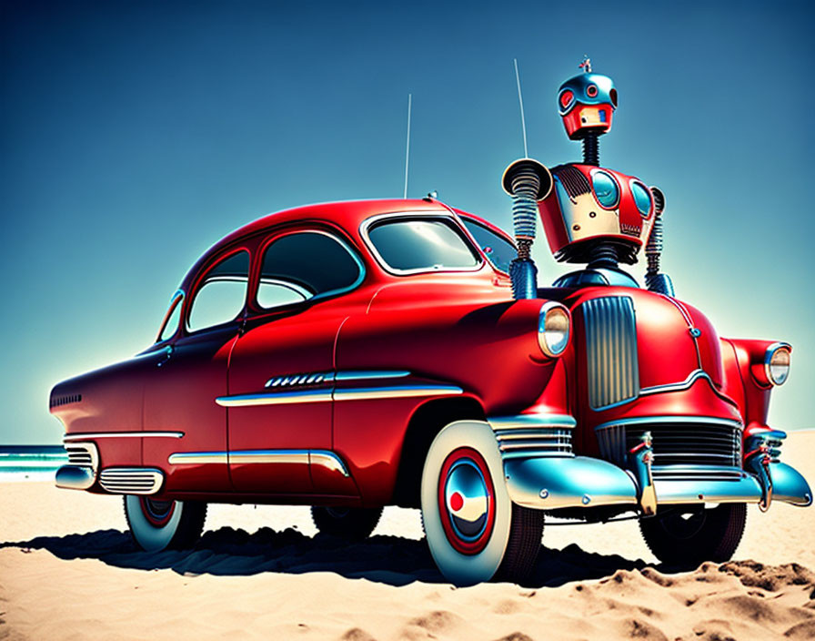 Vintage Red Car and Retro Robot on Sandy Beach under Blue Sky