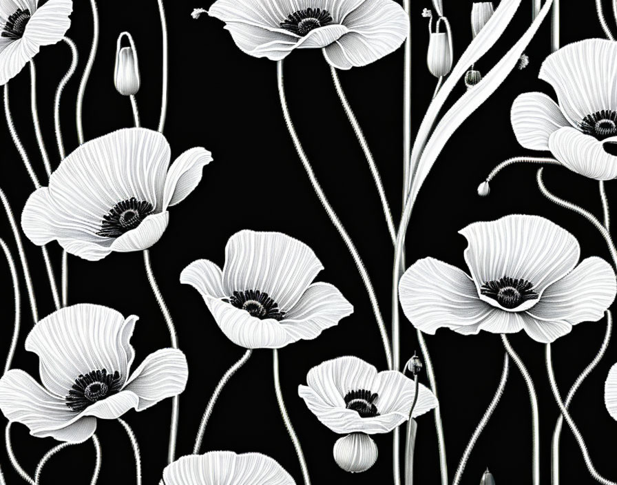 Monochromatic floral pattern featuring white poppies on black background