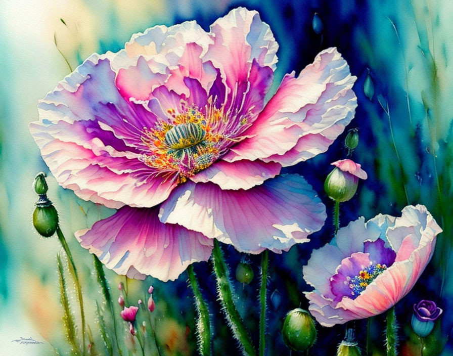 Detailed Watercolor Painting of Pink Poppies in Lush Greenery