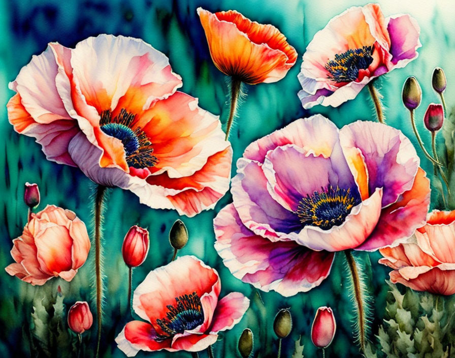 Colorful Watercolor Painting of Blooming Poppies on Teal Background