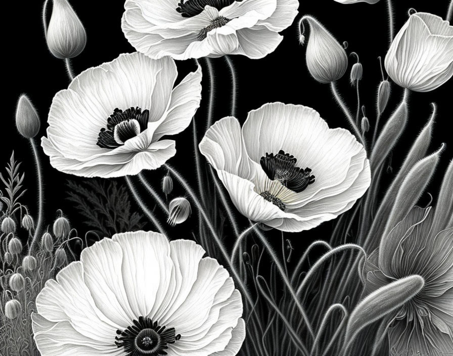 Detailed monochromatic poppy flower illustration on dark background