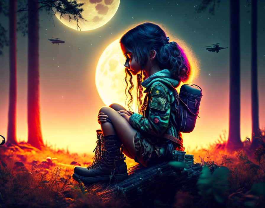 Young girl sitting on stump in fantastical forest under large moon