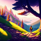 Person on cobblestone path in lush forest with yellow trees, purple mountains at sunrise