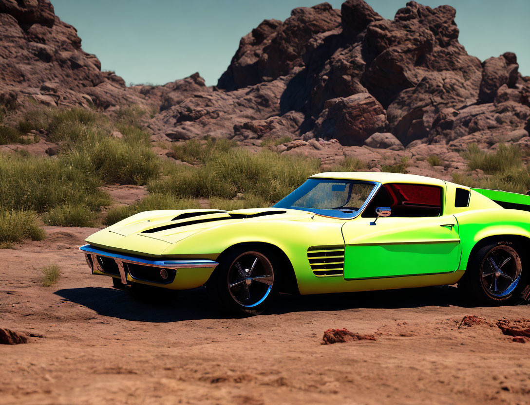 Vintage Lime Green Corvette Parked in Desert with Rocky Terrain
