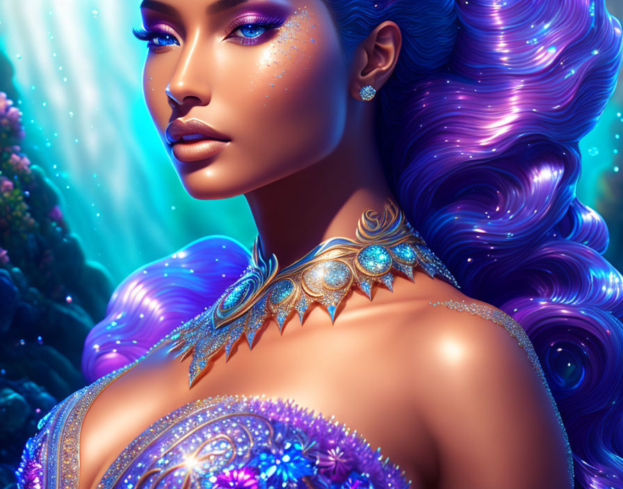 Vibrant Purple Hair Woman in Fantasy Artwork Underwater Environment