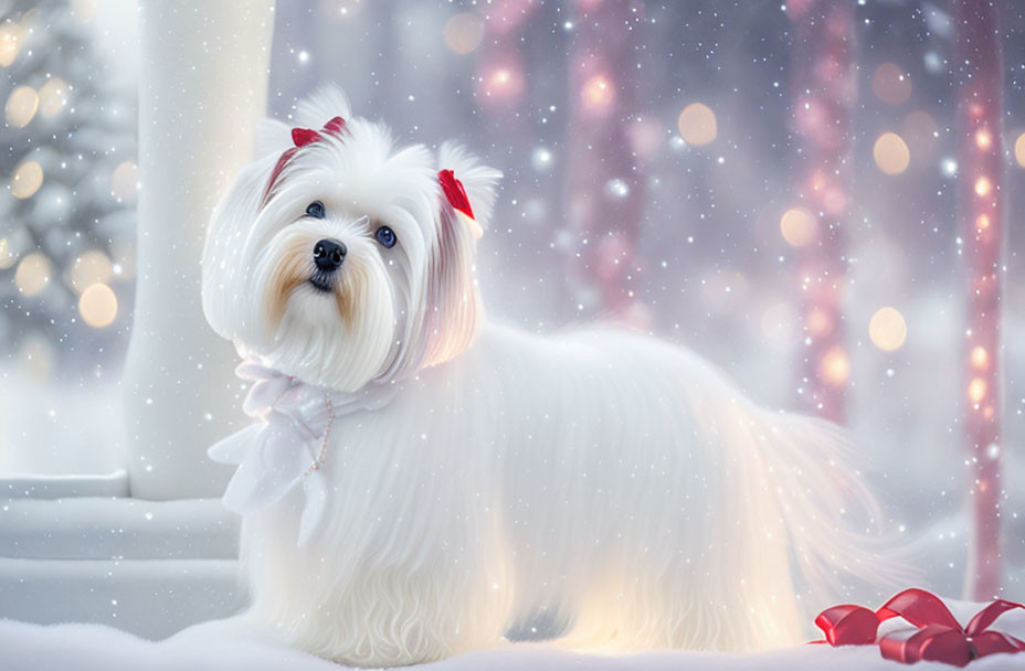 Fluffy white dog with red bows in snowy winter scene.