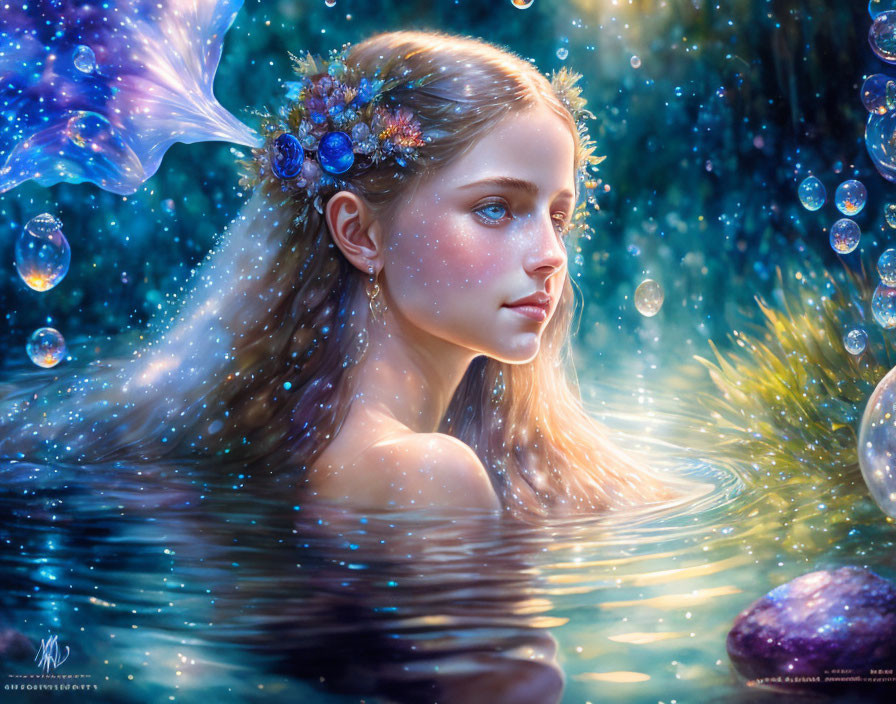 Young woman portrait with floral crown underwater surrounded by bubbles and fish