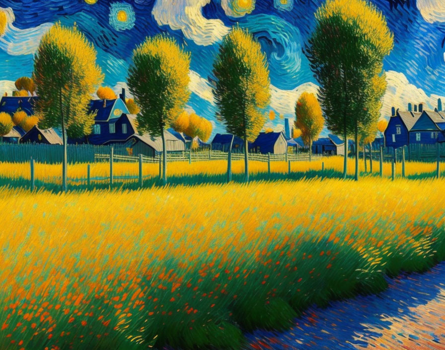 Colorful painting: swirling blue sky, yellow field, green cypress trees, houses with orange roofs
