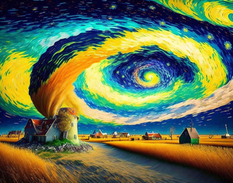 Colorful swirling starry sky over rustic countryside with windmill