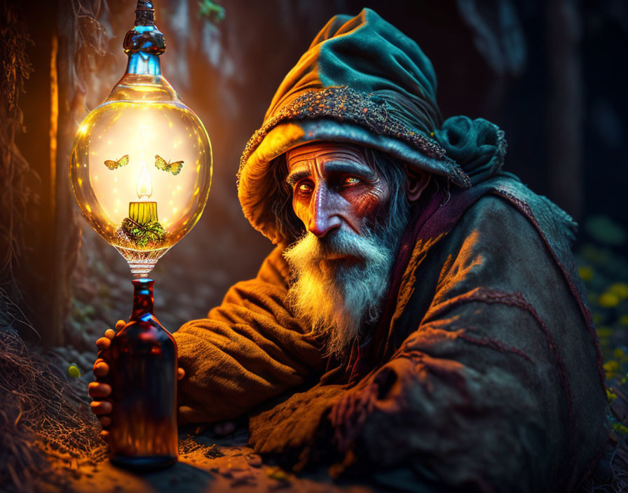 Elderly wizard with glowing orb and butterflies in enchanted forest