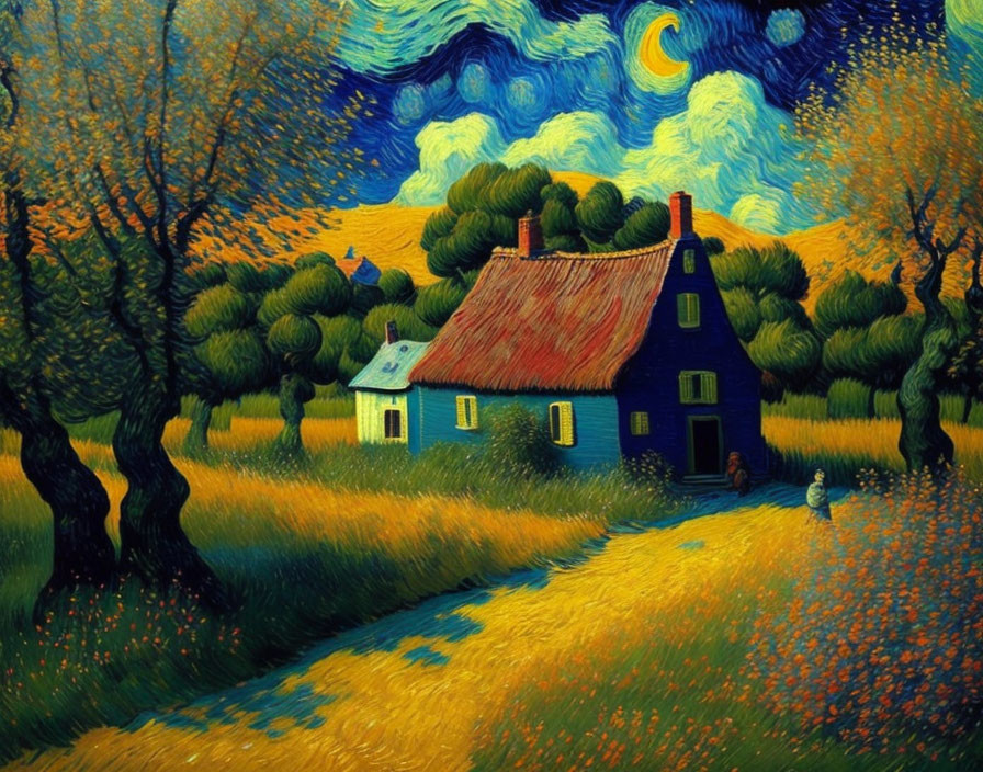 Colorful painting of small house in starry sky with wheat field and trees