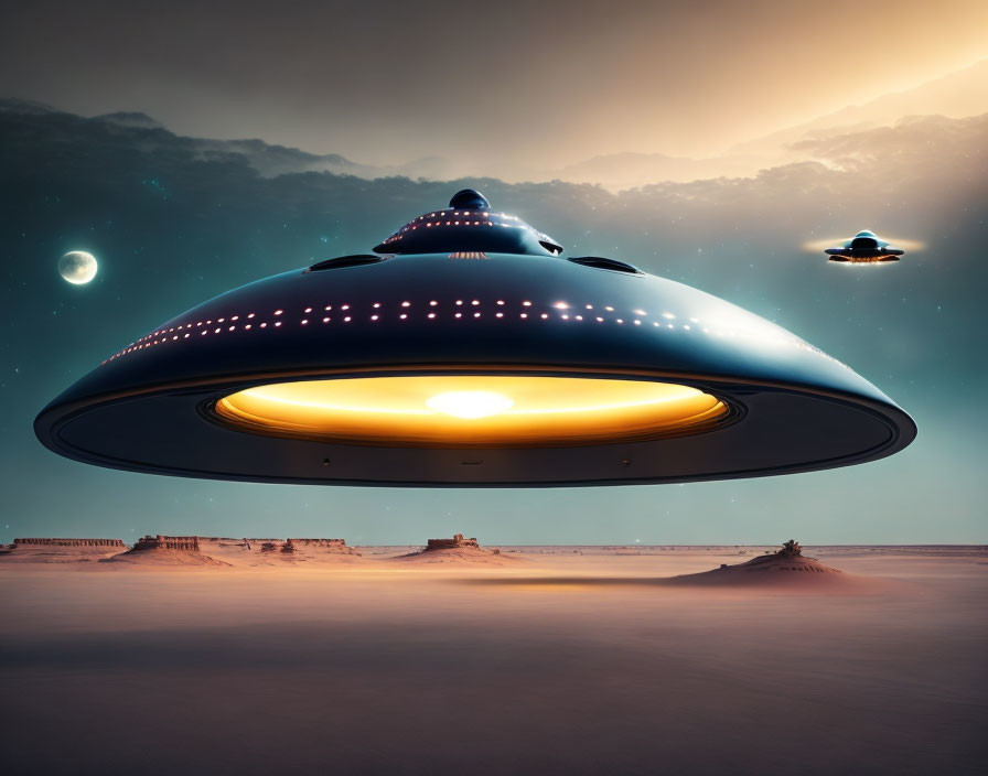 Mysterious UFO and smaller craft in desert dusk scene