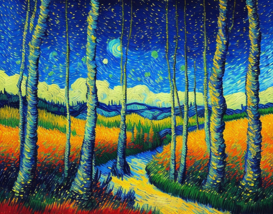 Vibrant expressionistic painting of starry night with swirling sky, towering trees, and winding path